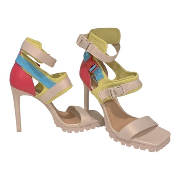 STEVE MADDEN Vibing Vegan Leather Sandal In Multi Square TOE PINK YELLOW 7.5 NEW - Picture 2 of 11